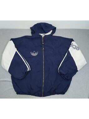 Vintage Adidas Jacket Mens Large Blue White Hooded Trefoil Windbreaker 90s